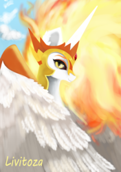 Size: 2320x3296 | Tagged: safe, artist:livitoza, daybreaker, pony, g4, bust, female, folded wings, high res, mane of fire, portrait, signature, smiling, solo, wings