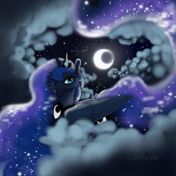 Size: 700x700 | Tagged: safe, artist:livitoza, princess luna, alicorn, pony, g4, cloud, crescent moon, ethereal mane, ethereal tail, female, hair over one eye, moon, night, on a cloud, prone, signature, sitting on a cloud, solo, starry mane, stars