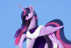 Size: 3400x2322 | Tagged: safe, artist:livitoza, twilight sparkle, alicorn, pony, g4, blue background, cloak, clothes, female, high res, hoof shoes, mare, older, peytral, profile, signature, simple background, smiling, solo, twilight sparkle (alicorn)