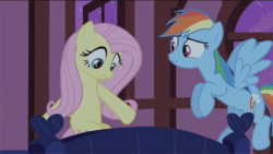 Size: 400x226 | Tagged: safe, edit, edited screencap, screencap, fluttershy, rainbow dash, pegasus, pony, g4, season 2, the super speedy cider squeezy 6000, animated, bed, blushing, covering, duo, embarrassed, female, fluttershy sleeps naked, flying, gif, mare, reversed, shy, smiling, squee, we don't normally wear clothes, wings