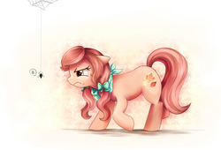 Size: 4710x3210 | Tagged: safe, artist:autumn rush, oc, oc only, earth pony, pony, spider, bandana, bow, cute, female, glare, hair bow, mare, solo, spider web, sweat, sweatdrop