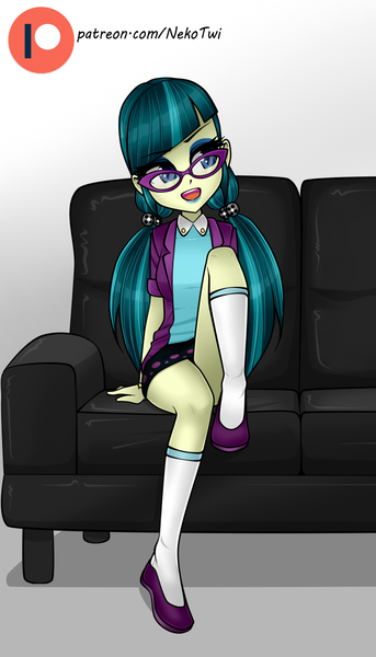 2062776 - artist:nekojackun, couch, equestria girls, female, glasses,  juniper montage, patreon, patreon logo, safe, sexy, simple background, solo  - Derpibooru