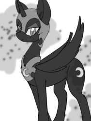 Size: 1536x2048 | Tagged: safe, artist:steelsoul, nightmare moon, alicorn, pony, g4, cute, ethereal mane, female, grayscale, looking at you, mare, monochrome, simple background, slit pupils, solo, white background