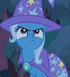 Size: 648x706 | Tagged: safe, screencap, trixie, pony, unicorn, g4, student counsel, angry, cape, clothes, cropped, cute, diatrixes, female, frown, hat, madorable, mare, solo