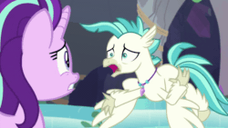 Size: 1000x562 | Tagged: safe, screencap, starlight glimmer, terramar, classical hippogriff, hippogriff, g4, student counsel, animated, duo, female, flying