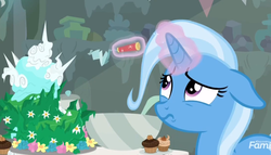 Size: 1174x672 | Tagged: safe, screencap, trixie, pony, unicorn, g4, student counsel, cake, cropped, cupcake, discovery family logo, equinox cake, food, glowing horn, horn, knife, magic, telekinesis