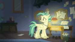 Size: 1000x562 | Tagged: safe, screencap, starlight glimmer, terramar, classical hippogriff, hippogriff, pony, unicorn, g4, student counsel, animated, bedroom, book, desk, dormitory, female, stool, teleportation, terramar is not amused, unamused