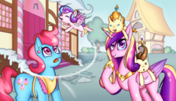 Size: 4323x2480 | Tagged: safe, artist:cha-squared, cup cake, pound cake, princess cadance, princess flurry heart, pumpkin cake, alicorn, earth pony, pegasus, pony, unicorn, g4, apron, art jam, bow, brother and sister, clothes, complex background, confused, crown, female, flying, jewelry, male, mother and daughter, mother and son, mother's day, regalia, siblings, sugarcube corner