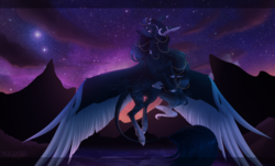 Size: 3039x1833 | Tagged: safe, artist:monogy, oc, oc only, alicorn, pony, female, flying, mare, moon, solo, stars, twilight (astronomy), two toned wings, wings