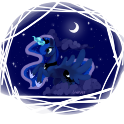 Size: 600x600 | Tagged: safe, artist:livitoza, princess luna, alicorn, pony, g4, abstract background, cloud, female, glowing horn, horn, jewelry, mare, moon, rearing, regalia, smiling, solo, spread wings, starry night, stars, wings