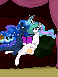Size: 450x600 | Tagged: safe, artist:livitoza, princess celestia, princess luna, alicorn, pony, gamer luna, g4, book, chips, controller, couch, curtains, duo, eating, ethereal mane, female, food, glowing horn, horn, horns are touching, long horn, magic, mare, missing accessory, pillow, reading, siblings, sisters, sitting, smiling, starry mane, telekinesis