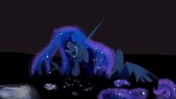 Size: 4128x2322 | Tagged: safe, artist:livitoza, princess luna, alicorn, pony, g4, abstract background, crying, ethereal mane, eyes closed, female, floppy ears, mare, missing accessory, open mouth, shadow, solo, starry mane, surreal