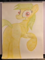 Size: 4032x3024 | Tagged: safe, rainbow dash, pegasus, pony, g4, rarity investigates, behind, butt, colored pencil drawing, eye, eyes, female, green hair, hooves, legs, plot, raised hoof, smiling, solo, tail, traditional art