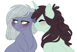 Size: 4500x3038 | Tagged: safe, artist:azure-art-wave, limestone pie, sprout greenhoof, earth pony, pony, unicorn, g4, blushing, crack shipping, eyes closed, female, las pegasus resident, lesbian, limesprout, limetsun pie, looking away, mare, shipping, simple background, tsundere, white background