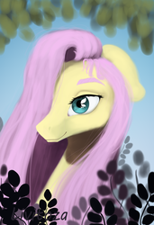 Size: 2322x3400 | Tagged: safe, artist:livitoza, fluttershy, pony, g4, bust, female, floppy ears, hair over one eye, high res, leaves, lidded eyes, mare, smiling, solo, wingding eyes