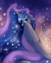Size: 2322x2900 | Tagged: safe, artist:livitoza, princess luna, alicorn, pony, g4, ethereal mane, eye reflection, female, floppy ears, galaxy mane, high res, looking at you, mare, missing accessory, reflection, shooting star, smiling, solo, starry mane