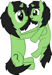 Size: 2313x3295 | Tagged: safe, artist:craftycirclepony, oc, oc only, oc:filly anon, pony, unicorn, adoranon, chest fluff, cute, duo, female, filly, freckles, high res, holding, holding a pony, looking at each other, open mouth, raised leg, simple background, sitting, smiling, transparent background, upsies