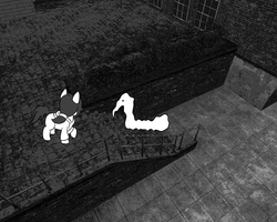 Size: 1280x1024 | Tagged: safe, artist:scraggleman, oc, oc:floor bored, earth pony, pony, monochrome, monster, ponytail, stairs, story included, story:lost and found