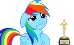 Size: 1376x854 | Tagged: safe, rainbow dash, pegasus, pony, g4, abuse, award, background pony strikes again, crying, dashabuse, op is a duck, op is trying to start shit, op isn't even trying anymore, oscar, sad, simple background, solo, white background, why, worst pony