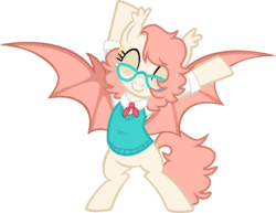 Size: 957x740 | Tagged: safe, artist:ditzydoggy, oc, oc only, oc:newton, bat pony, pony, bipedal, clothes, ear piercing, earring, eyes closed, female, glasses, jewelry, piercing, simple background, smiling, spread wings, sweater vest, transparent background, wings