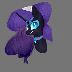 Size: 1024x1024 | Tagged: safe, artist:yeeegorka, nightmare rarity, pony, unicorn, g4, bust, disembodied head, ethereal mane, female, gray background, head, jewelry, looking at you, mare, redraw, regalia, sidemouth, simple background, smiling, solo, starry mane