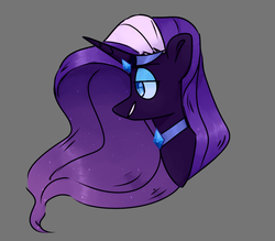 Size: 1280x1123 | Tagged: safe, artist:yeeegorka, nightmare rarity, pony, unicorn, g4, bust, disembodied head, ethereal mane, female, gray background, head, jewelry, lidded eyes, mare, redraw, regalia, sidemouth, simple background, smiling, solo, starry mane