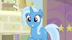 Size: 1920x1080 | Tagged: safe, screencap, trixie, pony, unicorn, g4, student counsel, bookshelf, cute, diatrixes, female, mare, raised hoof, smiling, solo, starlight's office