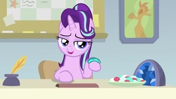 Size: 1920x1080 | Tagged: safe, screencap, starlight glimmer, pony, unicorn, g4, student counsel, bracelet, female, guidance counselor, inkwell, jewelry, lidded eyes, looking at you, mare, quill, raised hoof, solo, starlight's office