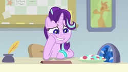 Size: 1920x1080 | Tagged: safe, screencap, starlight glimmer, pony, unicorn, student counsel, bracelet, candy, female, food, geode, inkwell, jewelry, mare, solo, starlight glimmer is best facemaker, starlight's bracelet, starlight's hoofband