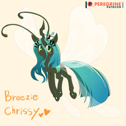 Size: 1000x1000 | Tagged: safe, artist:phoenixperegrine, queen chrysalis, breezie, changeling, changeling queen, g4, breezalis, breeziefied, changelings in the comments, cute, cutealis, female, heart, orange background, patreon, patreon logo, simple background, smiling, solo, species swap
