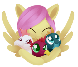 Size: 2007x1734 | Tagged: safe, artist:dusthiel, baby cinder, baby rubble, baby sparks, fluttershy, dragon, pegasus, pony, g4, sweet and smoky, baby, baby dragon, colored pupils, cute, eyes closed, female, fluttermom, hug, mare, shyabetes, simple background, smiling, transparent background