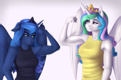 Size: 1914x1261 | Tagged: safe, artist:fairdahlia, princess celestia, princess luna, alicorn, anthro, g4, armpits, clothes, duo, female, flexing, mare, muscles, princess musclestia, royal sisters, sibling rivalry, siblings, simple background, sisters, smiling, tank top, trembling, vein, white background