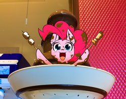 Size: 2048x1597 | Tagged: safe, artist:phoenixperegrine, pinkie pie, earth pony, pony, g4, chocolate, chocolate fountain, cute, diapinkes, eating, female, food, happy, hoof hold, irl, japanese, looking at you, mare, marshmallow, micro, open mouth, photo, ponies in real life, solo