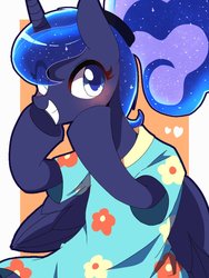 Size: 768x1024 | Tagged: safe, artist:erufi, princess luna, alicorn, pony, between dark and dawn, g4, blushing, clothes, female, grin, looking at you, mare, shirt, smiling, solo