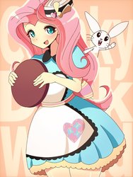 Size: 768x1024 | Tagged: safe, artist:erufi, angel bunny, fluttershy, coinky-dink world, equestria girls, g4, my little pony equestria girls: summertime shorts, cute, duo, female, looking at you, shyabetes