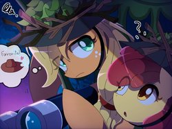 Size: 1024x768 | Tagged: safe, artist:erufi, apple bloom, applejack, earth pony, pony, g4, going to seed, binoculars, camouflage, female, filly, helmet, mare, siblings, sisters