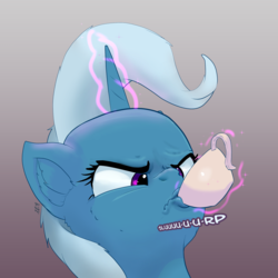 Size: 2170x2170 | Tagged: safe, artist:xbi, trixie, pony, unicorn, student counsel, angry, angry tea drinking, cup, drinking, female, food, glowing horn, gradient background, horn, magic, magic aura, mare, solo, tea, teacup, telekinesis, text, that pony sure does love teacups