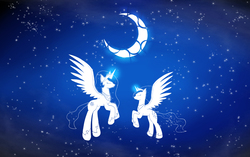 Size: 4961x3112 | Tagged: safe, artist:casparraillen, princess celestia, princess luna, alicorn, pony, g4, blue, female, high res, magic, mare, moon, princess, solo, stars, wallpaper