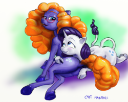 Size: 1500x1200 | Tagged: safe, artist:capt_hairball, frazzle rock, rarity, classical unicorn, earth pony, pony, unicorn, semi-anthro, g4, arm hooves, blushing, butt, cloven hooves, cuddling, female, frazity, glasses, horn, leonine tail, lesbian, looking at each other, love, mare, nudity, plot, rarirock, realistic horse legs, shipping, simple background, smiling, unshorn fetlocks