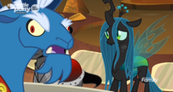 Size: 1500x800 | Tagged: safe, edit, edited screencap, screencap, grogar, queen chrysalis, changeling, changeling queen, g4, the beginning of the end, derp, female