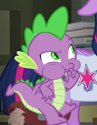 Size: 419x542 | Tagged: safe, screencap, spike, twilight sparkle, alicorn, dragon, pony, g4, the point of no return, book, claws, cropped, floppy ears, flying, male, offscreen character, raised eyebrow, saddle bag, solo focus, spread wings, tail, twilight sparkle (alicorn), winged spike, wings