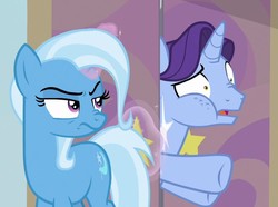 Size: 966x720 | Tagged: safe, screencap, november rain, trixie, pony, unicorn, g4, student counsel, angry, cropped, door, female, friendship student, glowing horn, horn, magic, magic aura, male, mare, mean, raised eyebrow, rude, slammed door, stallion