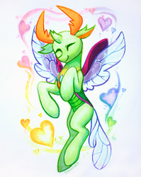 Size: 900x1132 | Tagged: safe, artist:dawnfire, thorax, changedling, changeling, g4, cute, eyes closed, flying, heart, hooves, king thorax, male, smiling, solo, spread wings, thorabetes, weapons-grade cute, wings