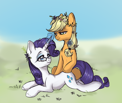 Size: 2013x1701 | Tagged: safe, artist:dinoalpaka, applejack, rarity, earth pony, pony, unicorn, rcf community, g4, cute, female, flower, jackabetes, lesbian, magic, raribetes, ship:rarijack, shipping