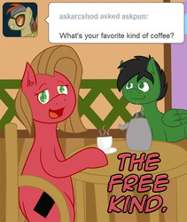 Size: 675x800 | Tagged: safe, artist:tumble-trotter, oc, oc only, oc:coffee pot, oc:pun, earth pony, pegasus, pony, ask pun, ask, female, male, mare, solo, stallion