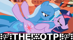 Size: 1252x690 | Tagged: safe, artist:tiarawhy, edit, trixie, twilight sparkle, pony, unicorn, g4, female, golden oaks library, imminent sex, lesbian, mare, meme, on back, otp, ship:twixie, shipping, show accurate