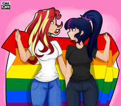Size: 4000x3500 | Tagged: safe, artist:caoscore, sci-twi, sunset shimmer, twilight sparkle, human, equestria girls, g4, cute, female, flag, human coloration, lesbian, looking at each other, patreon, patreon logo, pride, pride flag, pride month, ship:sci-twishimmer, ship:sunsetsparkle, shipping