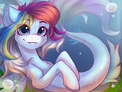 Size: 1600x1200 | Tagged: safe, artist:falafeljake, oc, oc only, oc:rainbow dreams, seapony (g4), blue eyes, bubble, chest fluff, clothes, crepuscular rays, cute, dorsal fin, ear fluff, female, fin, fin wings, fins, fish tail, flowing mane, flowing tail, looking at you, multicolored mane, not rainbow dash, ocean, ribbon, scales, seaweed, see-through, signature, smiling, smiling at you, solo, spread wings, sunlight, swimming, tail, underwater, water, wings, ych result