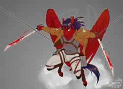 Size: 1372x1000 | Tagged: safe, artist:sunny way, oc, oc only, pegasus, anthro, rcf community, anime, attack on titan, blood, clothes, cosplay, costume, crossover, feather, jumping, male, solo, stallion, wings