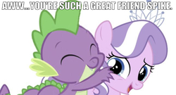 Size: 634x343 | Tagged: safe, edit, editor:undeadponysoldier, diamond tiara, spike, dragon, earth pony, pony, g4, adorable face, caption, cute, daaaaaaaaaaaw, diamondbetes, eyes closed, female, filly, foal, happy, hug, hug from behind, image macro, jewelry, looking back, male, open mouth, ship:spiketiara, shipping, simple background, smiling, straight, text, tiara, white background